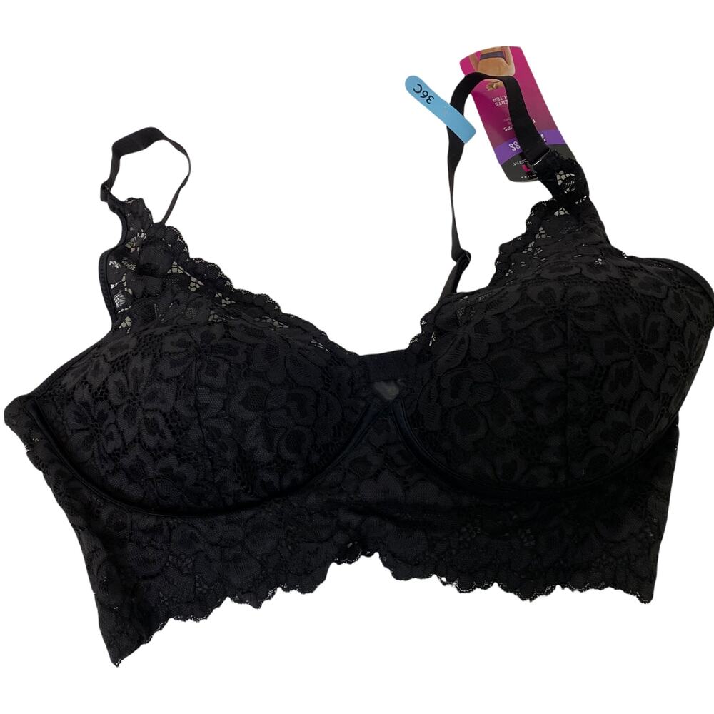 Maidenform Longline Bra Women 36C Black Floral Lace Convertible Halter Underwire